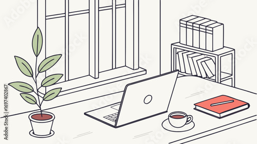Home office desk setup with laptop, plant, books and coffee for remote work and study illustration