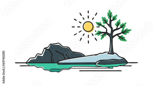 Island landscape illustration with tree, rocks, and sun drawing for nature and travel themed designs
