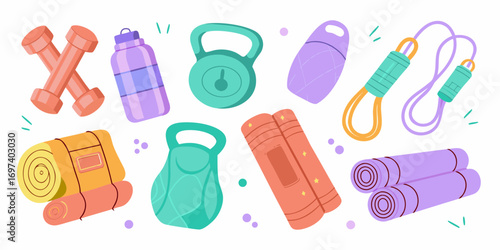 Collection of colorful cartoon fitness equipment and accessories for a healthy lifestyle