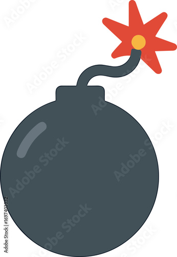 Flat Style Round Shaped Bomb with a Burning Fuse Icon Illustration