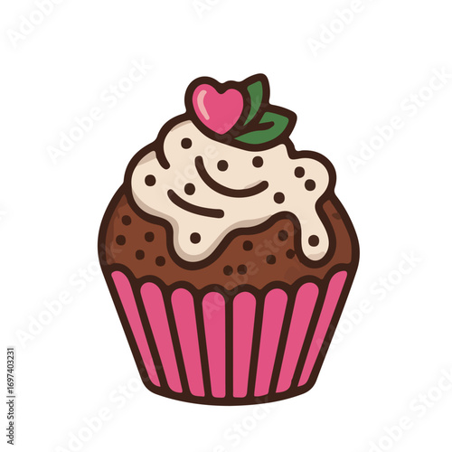Delicious Chocolate Muffin With Creamy Frosting And A Pink Heart Topping