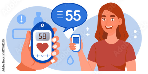 Woman monitoring blood glucose levels with a digital meter and smartphone app for diabetes management