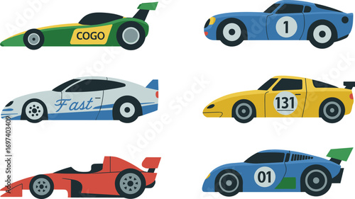Flat Style Racing Cars Vector Set, Colorful Sports Vehicles Collection for Posters, Digital Art, Games, Print Designs, and Web Graphics