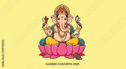 Lord Ganesha in vibrant colors, sitting on a pink lotus, celebrating Ganesh Chaturthi 2025. Stock illustration.