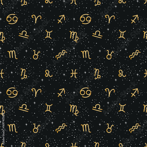 Zodiac Signs Seamless Pattern. Horoscope Abstract Background with Zodiac Signs, Stars. Astrology Print. Vector Hand Drawn Illustration in Gold, Black, White