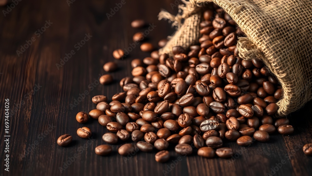 Fototapeta premium Aromatic roasted coffee beans overflowing from a rustic burlap sack onto a dark wooden background, a concept of fresh morning brew
