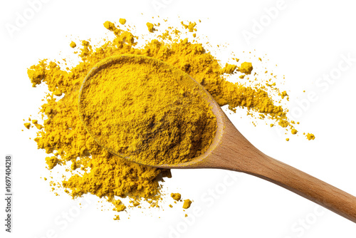 Fototapeta Naklejka Na Ścianę i Meble -  Wooden spoon filled with bright yellow spice powder, spilling onto a dark background