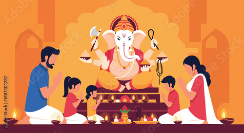Happy Indian Family Praying to Lord Ganesha - Ganesh Chaturthi Celebration Illustration