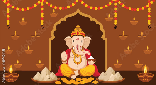 Lord Ganesha in Diwali Festive Decoration: Indian Hindu God, Happy Ganesh Chaturthi, Deepavali