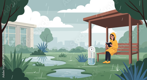 Rainy day reading, woman enjoys reading under shelter, peaceful scenery illustration