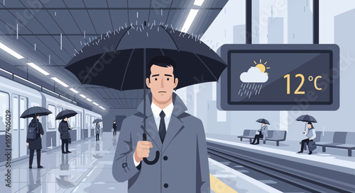 Commuter waits under umbrella at rainy subway station with weather forecast display