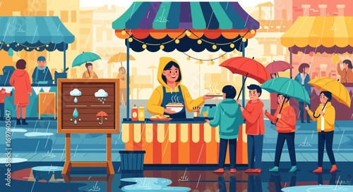 Vibrant street food market scene on a rainy day featuring vendors and customers