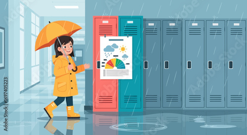 A rainy day at school a young student braves the weather with an umbrella and raincoat