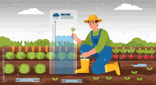 Farmer monitors rainfall impact with gauge, managing crops like carrots, lettuce and radishes