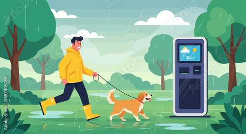 Joyful walk in the rain with a dog near a modern weather information kiosk in park