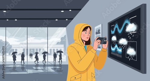 Woman in Yellow Raincoat Photographing Weather Forecast Artwork at an Exhibition