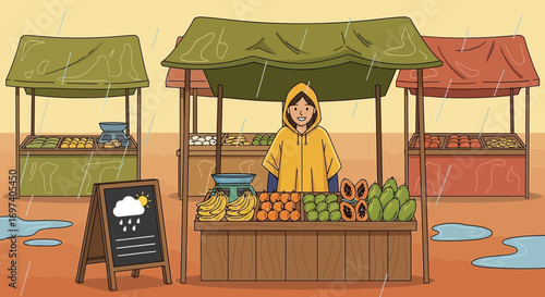Rainy day at the farmer's market illustration featuring vendor and diverse fresh produce stalls