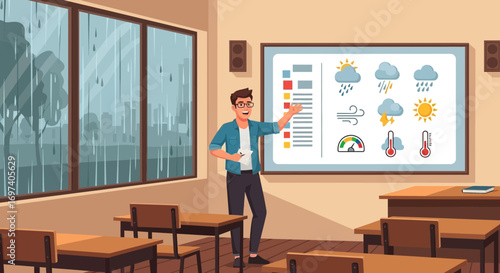Animated teacher in classroom explaining weather patterns on rainy day outdoors educational