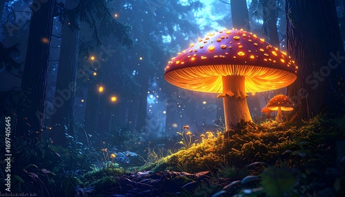 Illuminated mushroom in a mystical forest