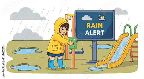 Cartoon girl in raincoat at playground with rain alert sign illustration style