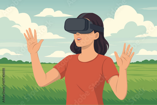A woman wearing a virtual reality headset explores an simulation, raising her hands as if interacting with the virtual environment. scene green field under a cloudy sky. Full Vector, NOT AI GENERATED!