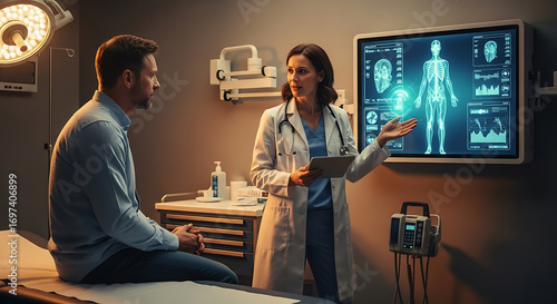 Consultation in Modern Clinic: A caring healthcare provider, dressed in professional attire, reviews a patient's medical history on a digital display in a contemporary clinic.