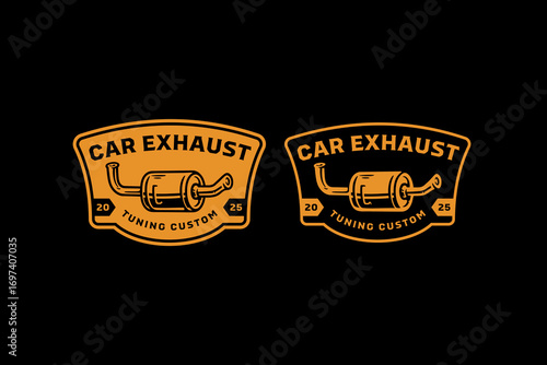 Car exhaust retro badge logo vector design set for garage and workshop. Muffler automotive vintage emblem logo pack for mechanic shop. Custom tuning exhaust system illustration label element designs
