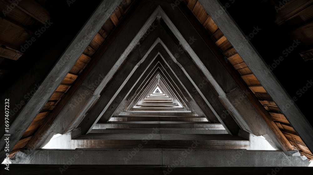 Obraz premium Symmetrical Architectural Design with Triangular Patterns in Dark Tones and Warm Wooden Accents in Perspective View
