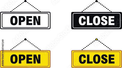 Set of 'Open' and 'Close' signs in black, white, and yellow, indicating business status.