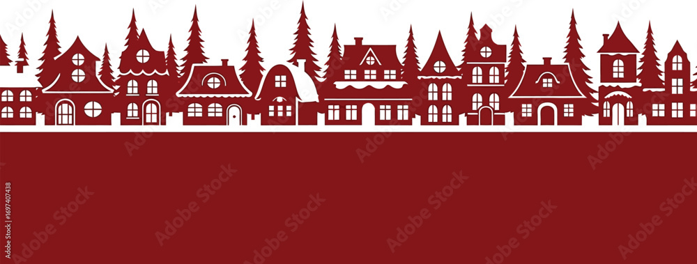Fototapeta premium Charming village silhouette with festive red and white buildings and evergreen trees