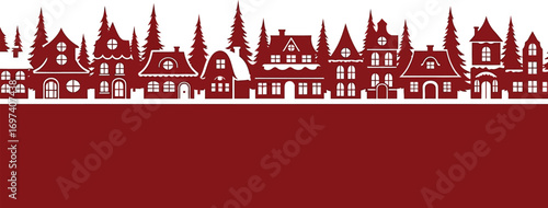 Charming village silhouette with festive red and white buildings and evergreen trees