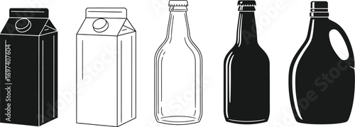 Collection of diverse beverage containers including cartons and bottles, presented in a clean graphic style.
