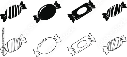 Various wrapped candies in black and white, offering different styles for sweet treats