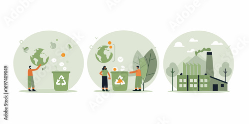 Illustrations depicting environmental responsibility with people recycling and a factory emitting smoke