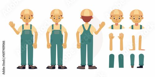 Cartoon construction worker character kit with different body parts and poses for animation and design