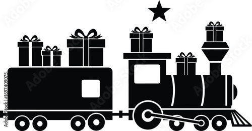 Whimsical steam train carrying gifts and a star, symbolizing festive holiday journeys and cheerful deliveries.