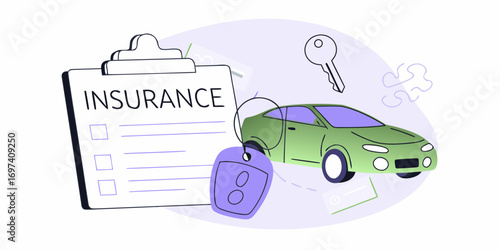 Car insurance policy document with checklist and vehicle key for protection and safety