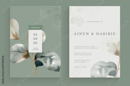 Aesthetic Green Wedding Invitation with Watercolor Leaves Arrangement