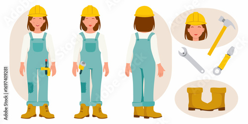 Female construction worker in overalls and hard hat with tools and safety gear