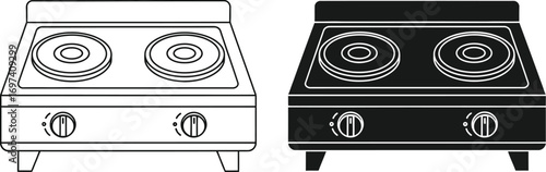 Simple electric stove with two burners, shown in white outline and black solid styles