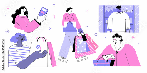 Diverse group of people enjoying shopping and making purchases with bags and phones