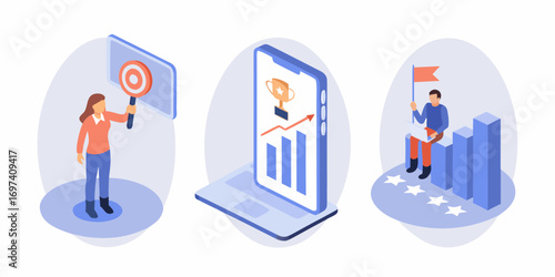 Business success and growth concepts illustrated with isometric characters and icons representing goals achievements and progress