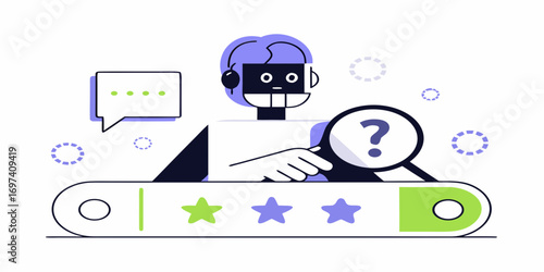 Customer service agent with headset and magnifying glass examines feedback and ratings on a search bar