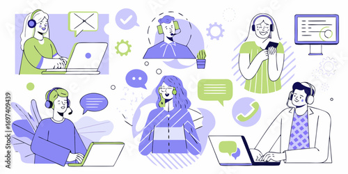 Diverse customer service team members collaborating and communicating with clients online and via phone