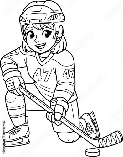 Young girl in hockey uniform smiles, holding stick with puck on ice