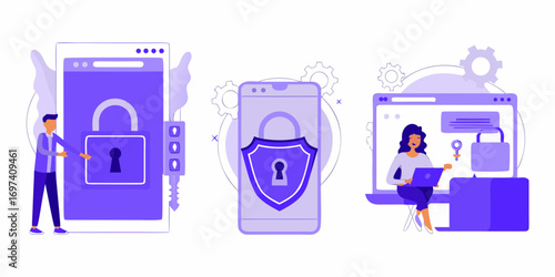 Digital security and privacy concepts illustrated with people and devices protecting data with locks and keys