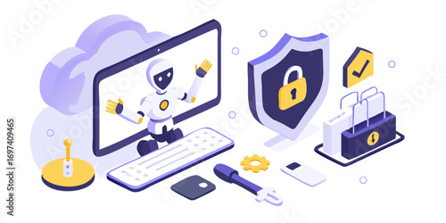 Robot assistant securing digital information with cloud technology and cybersecurity shield