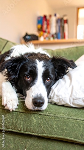 A black and white border collie rests contentedly on a verdant green couch, its expressive gaze directed at the viewer.