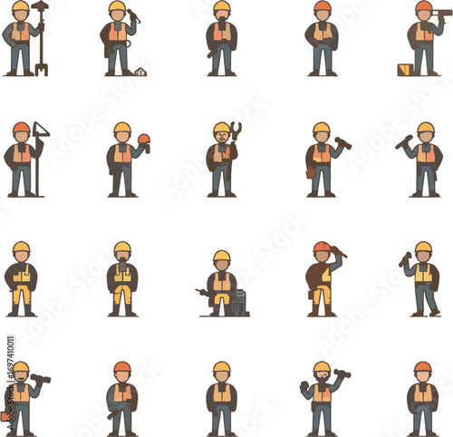 Construction workers with tools. Ideal for construction, building, renovation, and traderelated designs or projects requiring a workforce illustration.