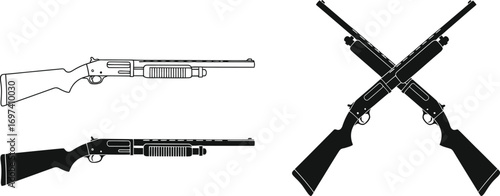 Two detailed illustrations of shotguns, one in outline and one solid black, with a pair of crossed shotguns in silhouette.